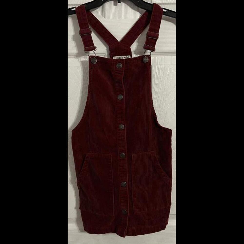 Hippie Girl Size 12 Corduroy Maroon Over All Dress With Button Snap Front